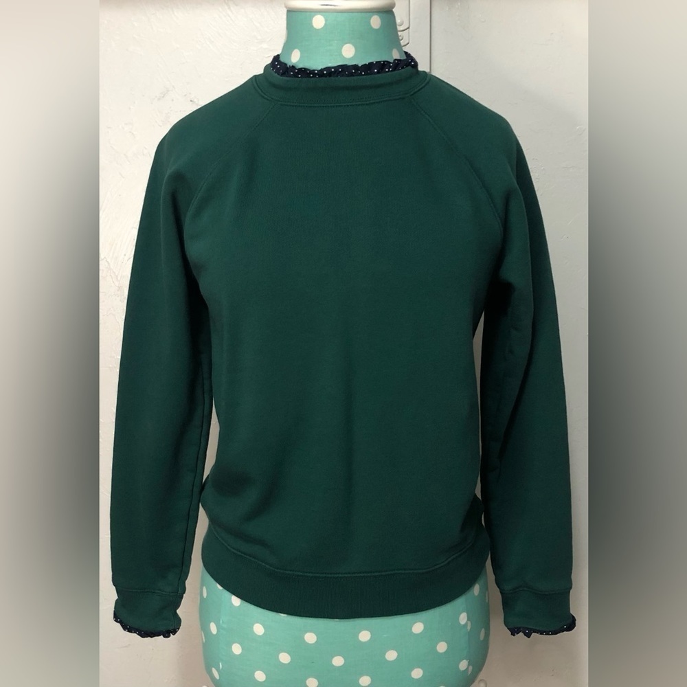 J.Crew Ruffle Pullover Zip Back Sweatshirt Green/Navy Polkadot Size XS